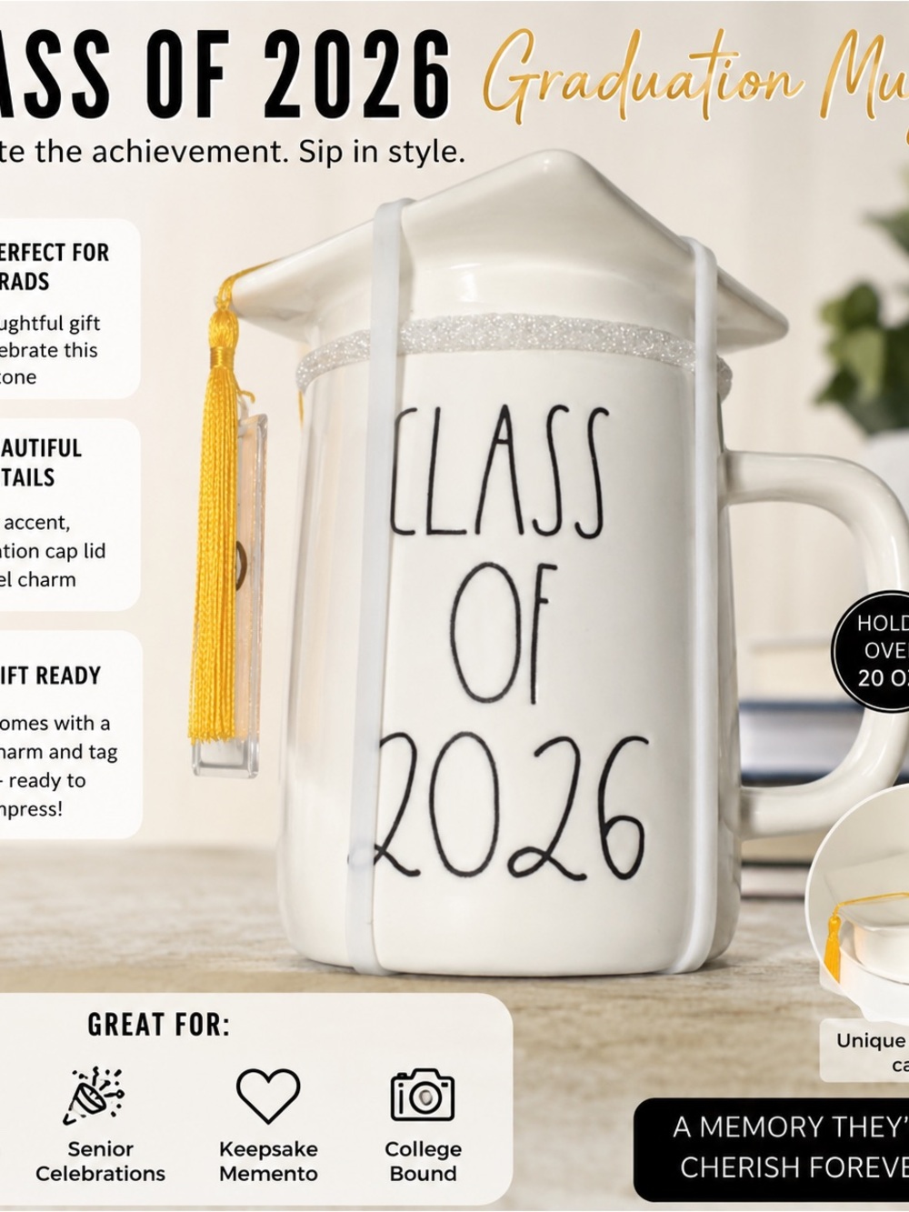 Rae Dunn White Graduation Mug with Black Ribbon and Gold Tassel Accent